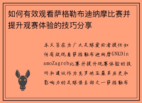 如何有效观看萨格勒布迪纳摩比赛并提升观赛体验的技巧分享