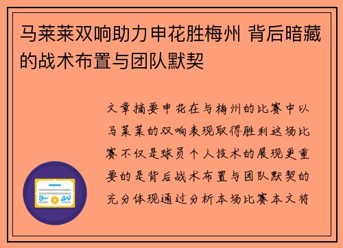 马莱莱双响助力申花胜梅州 背后暗藏的战术布置与团队默契